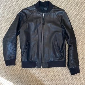 The Kooples Large Black Leather and Lined Bomber Jacket. Skull pockets